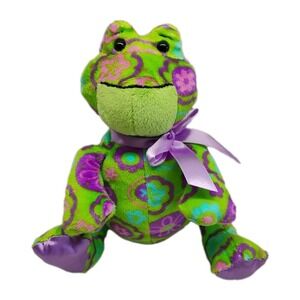 Ganz Floral Cutie Frog Plush Green Purple Flowers Satin Feet Stuffed 9" NWOT